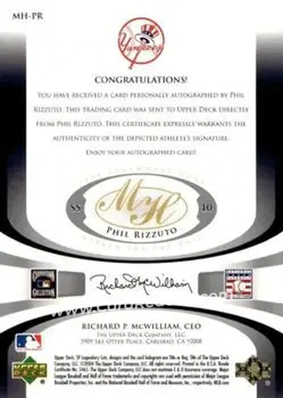 2004 SP Legendary Cuts - Marked for the Hall #MH-PR - Phil Rizzuto - New York Yankees - Back 2004 SP Legendary Cuts - Marked for the Hall #MH-PR - Phil Rizzuto - New York Yankees - Back