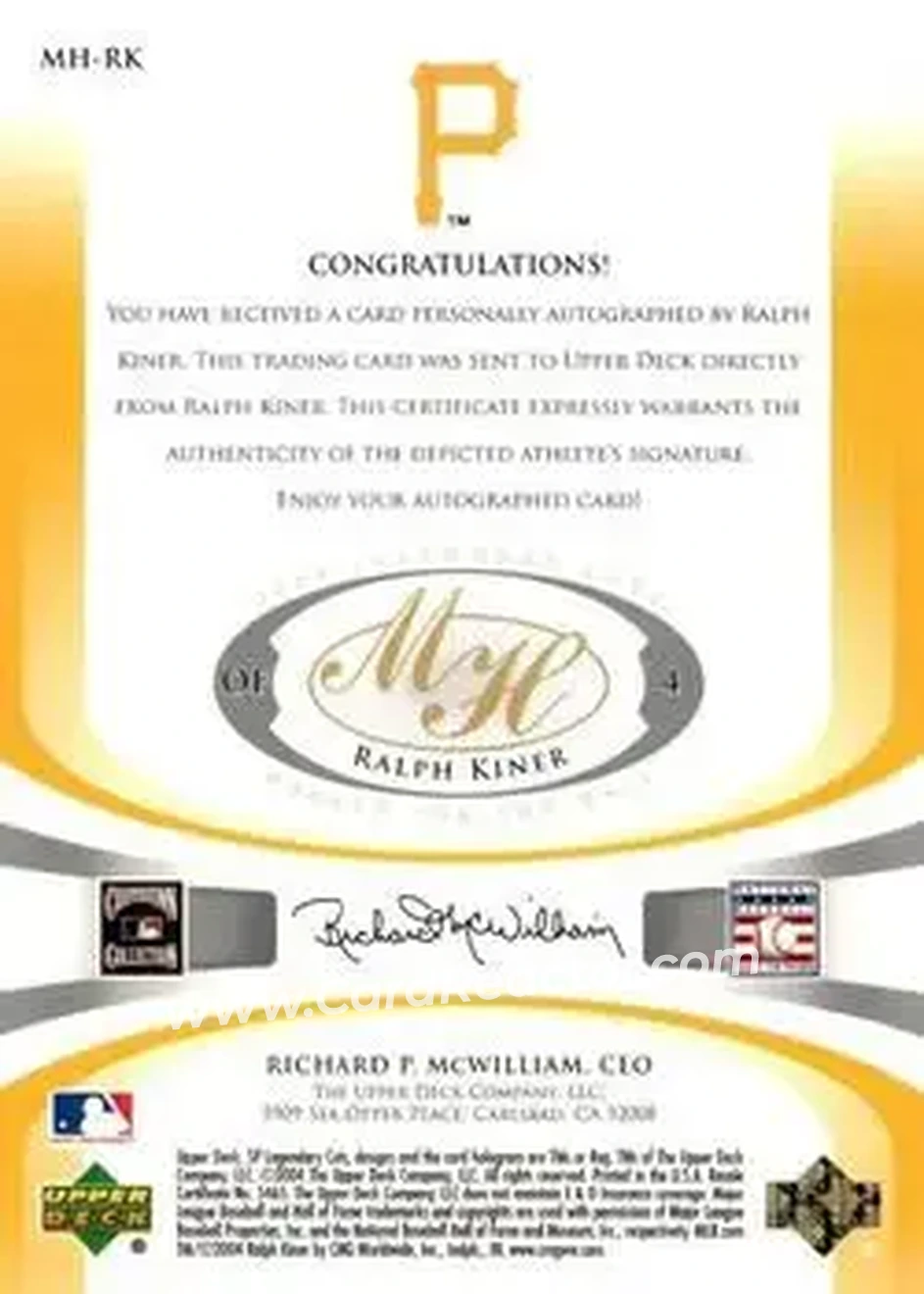 2004 SP Legendary Cuts - Marked for the Hall #MH-RK - Ralph Kiner - Pittsburgh Pirates - Back
