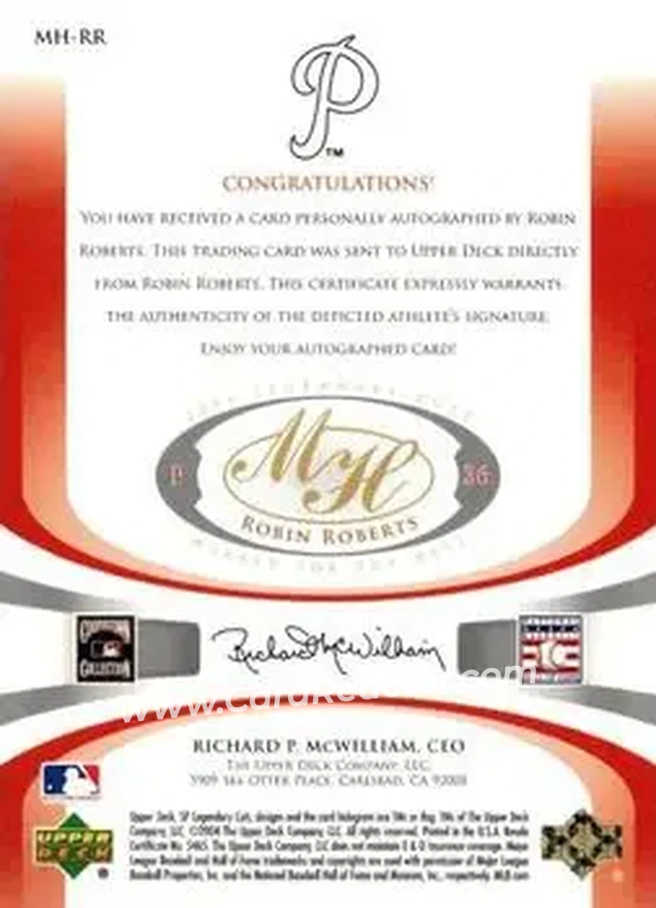 2004 SP Legendary Cuts - Marked for the Hall #MH-RR - Robin Roberts - Philadelphia Phillies - Back