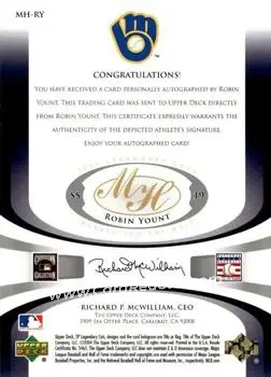 2004 SP Legendary Cuts - Marked for the Hall #MH-RY - Robin Yount - Milwaukee Brewers - Back