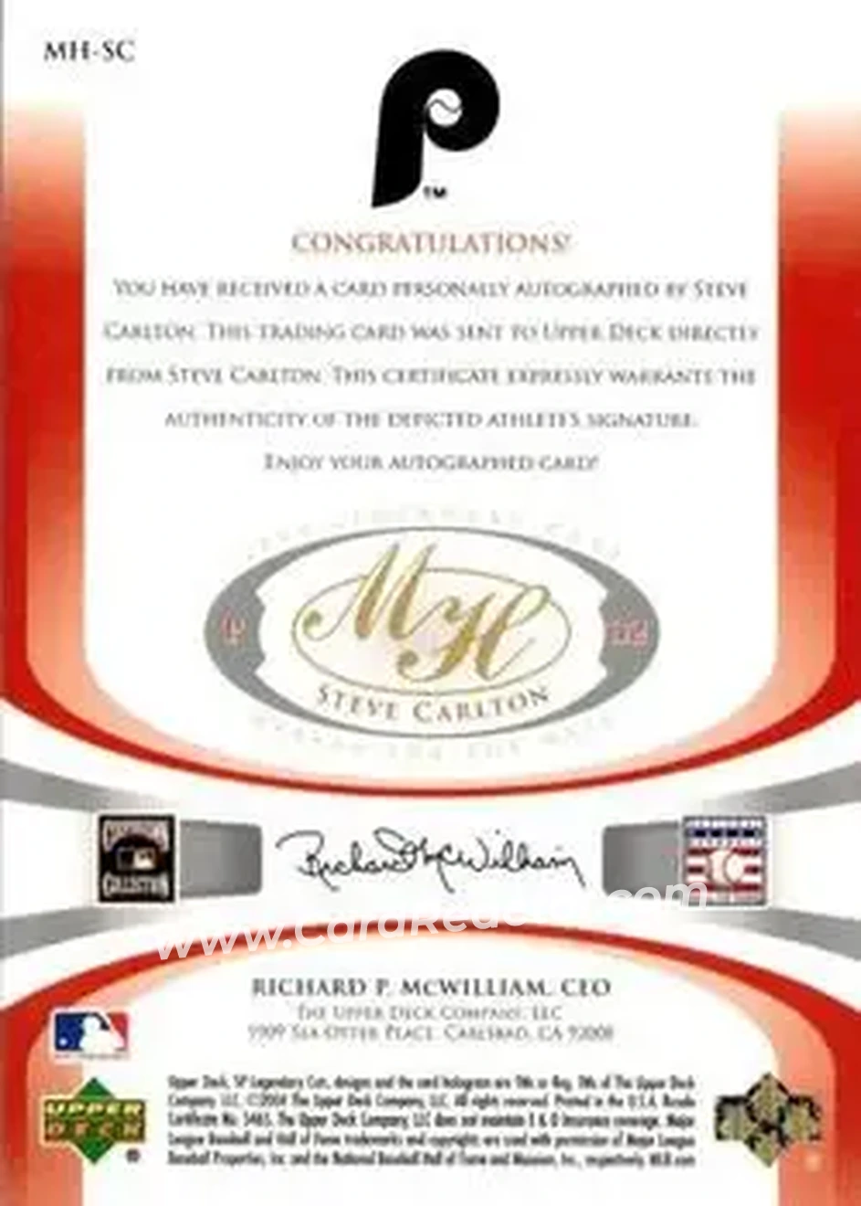 2004 SP Legendary Cuts - Marked for the Hall #MH-SC - Steve Carlton - Philadelphia Phillies - Back