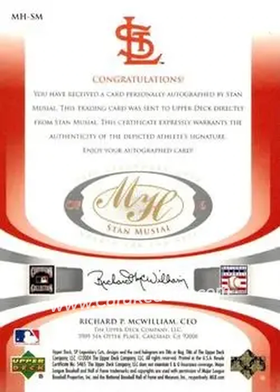 2004 SP Legendary Cuts - Marked for the Hall #MH-SM - Stan Musial - St. Louis Cardinals - Back 2004 SP Legendary Cuts - Marked for the Hall #MH-SM - Stan Musial - St. Louis Cardinals - Back