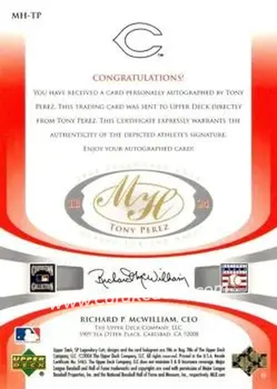2004 SP Legendary Cuts - Marked for the Hall #MH-TP - Tony Pérez - Cincinnati Reds - Back
