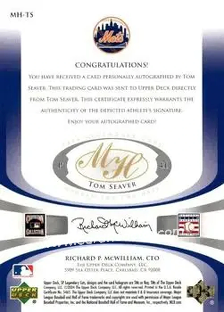 2004 SP Legendary Cuts - Marked for the Hall #MH-TS - Tom Seaver - New York Mets - Back