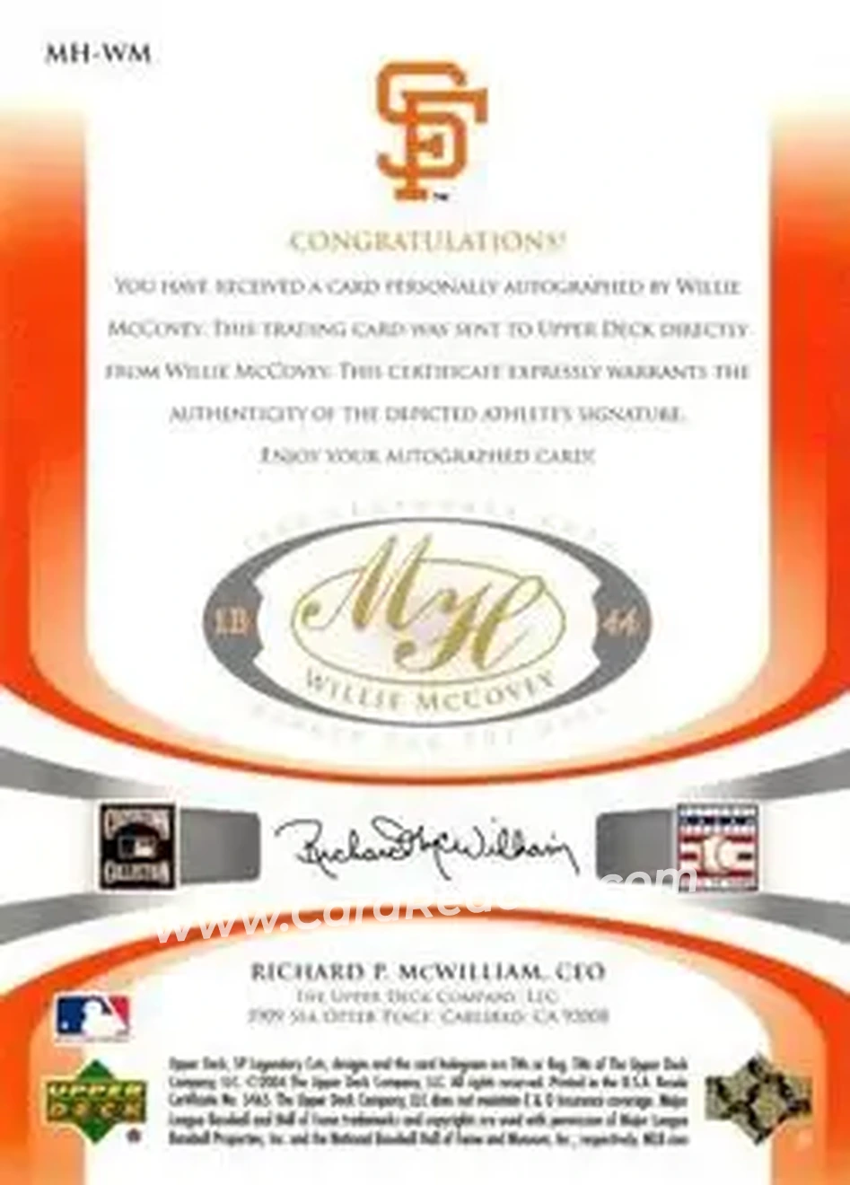 2004 SP Legendary Cuts - Marked for the Hall #MH-WM - Willie McCovey - San Francisco Giants - Back