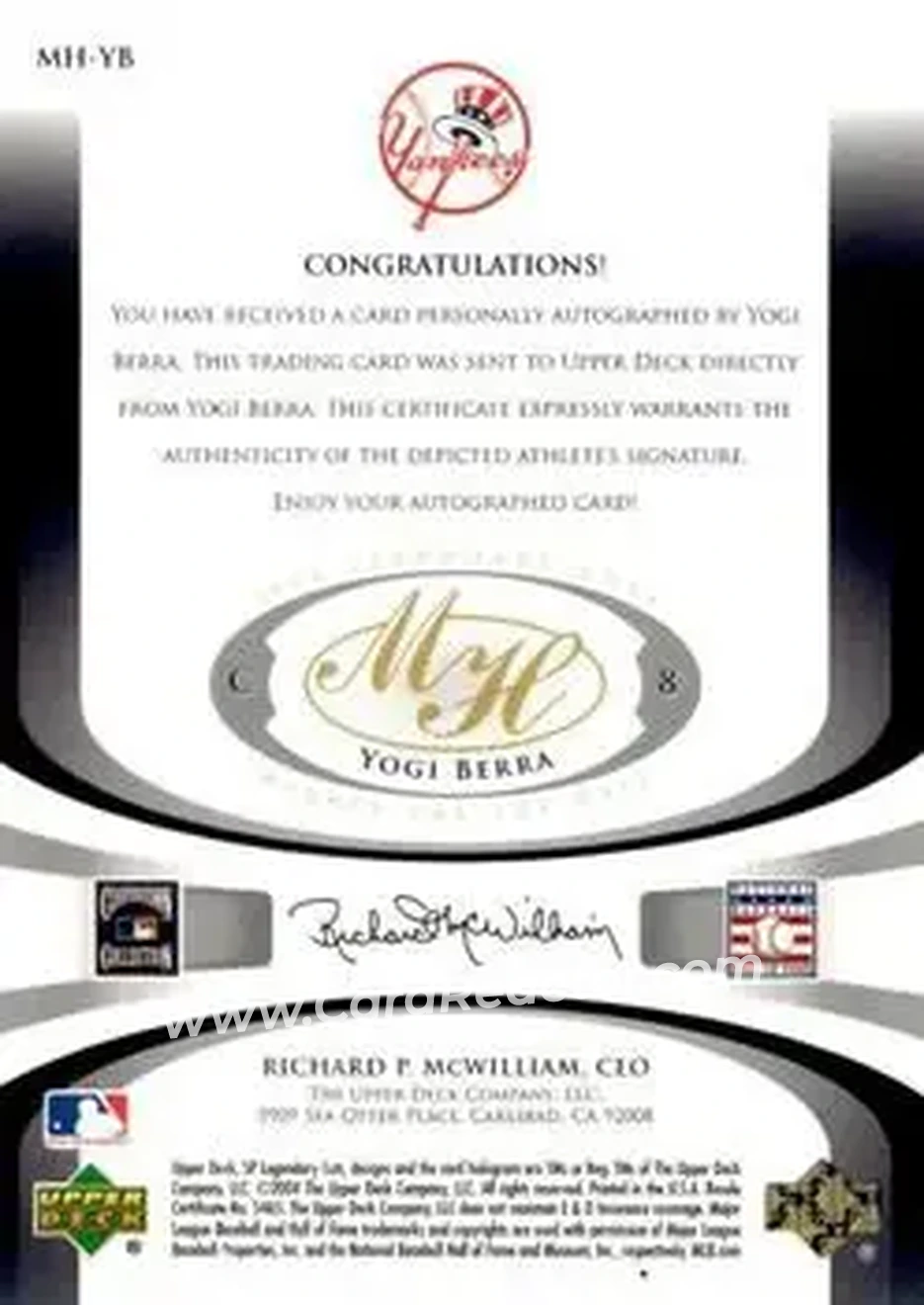 2004 SP Legendary Cuts - Marked for the Hall #MH-YB - Larry "Yogi" Berra - New York Yankees - Back
