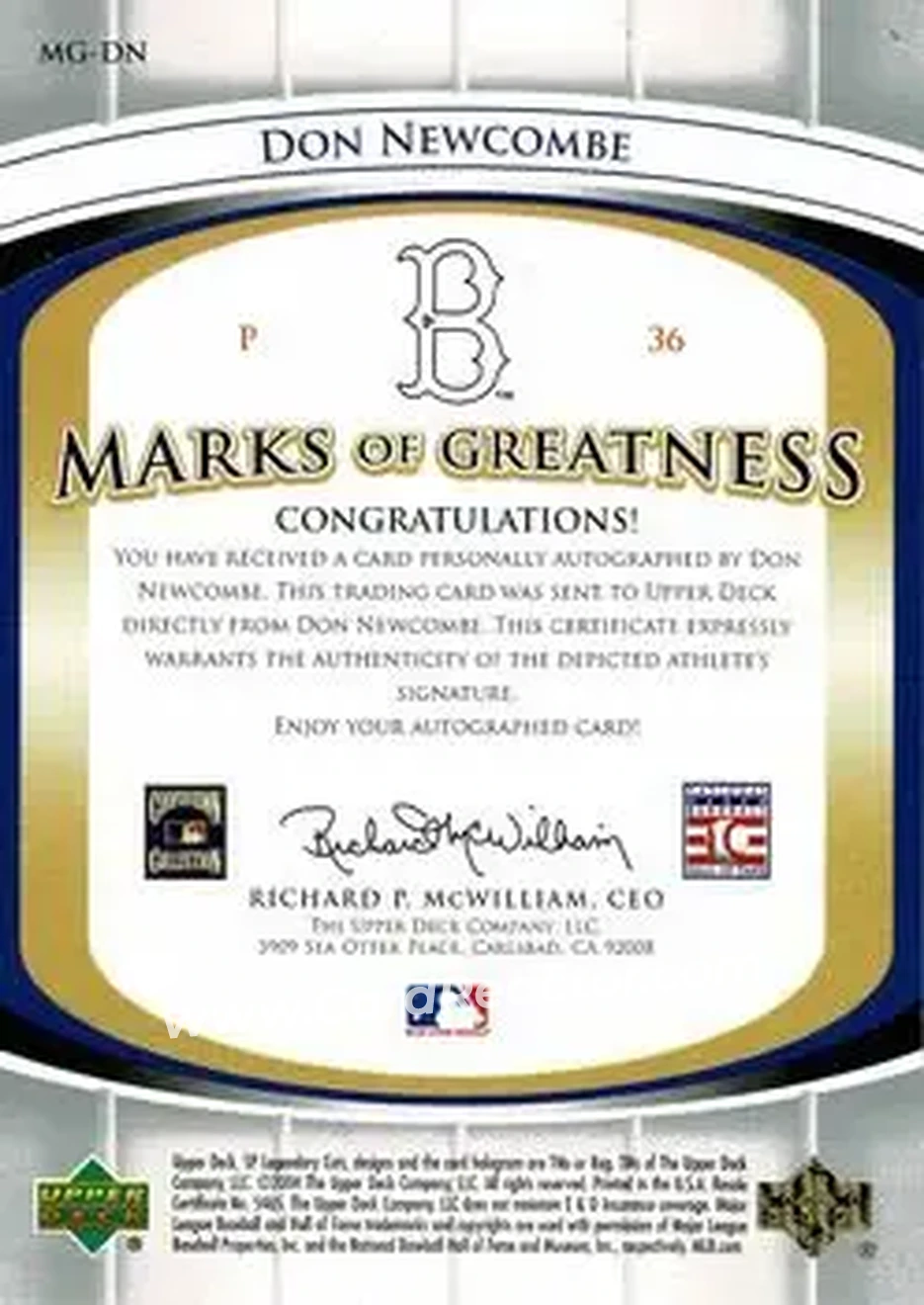 2004 SP Legendary Cuts - Marks of Greatness #MG-DN - Don Newcombe - Brooklyn Dodgers - Back