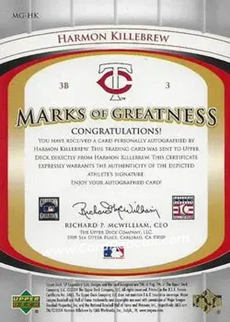 2004 SP Legendary Cuts - Marks of Greatness #MG-HK - Harmon Killebrew - Minnesota Twins - Back