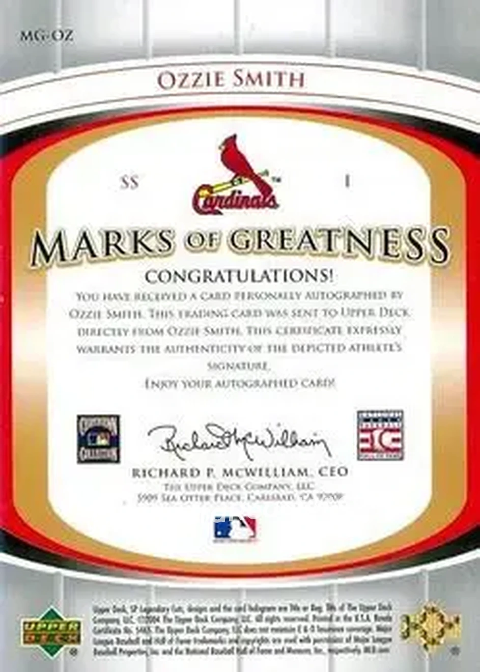2004 SP Legendary Cuts - Marks of Greatness #MG-OZ - Ozzie Smith - St. Louis Cardinals - Back