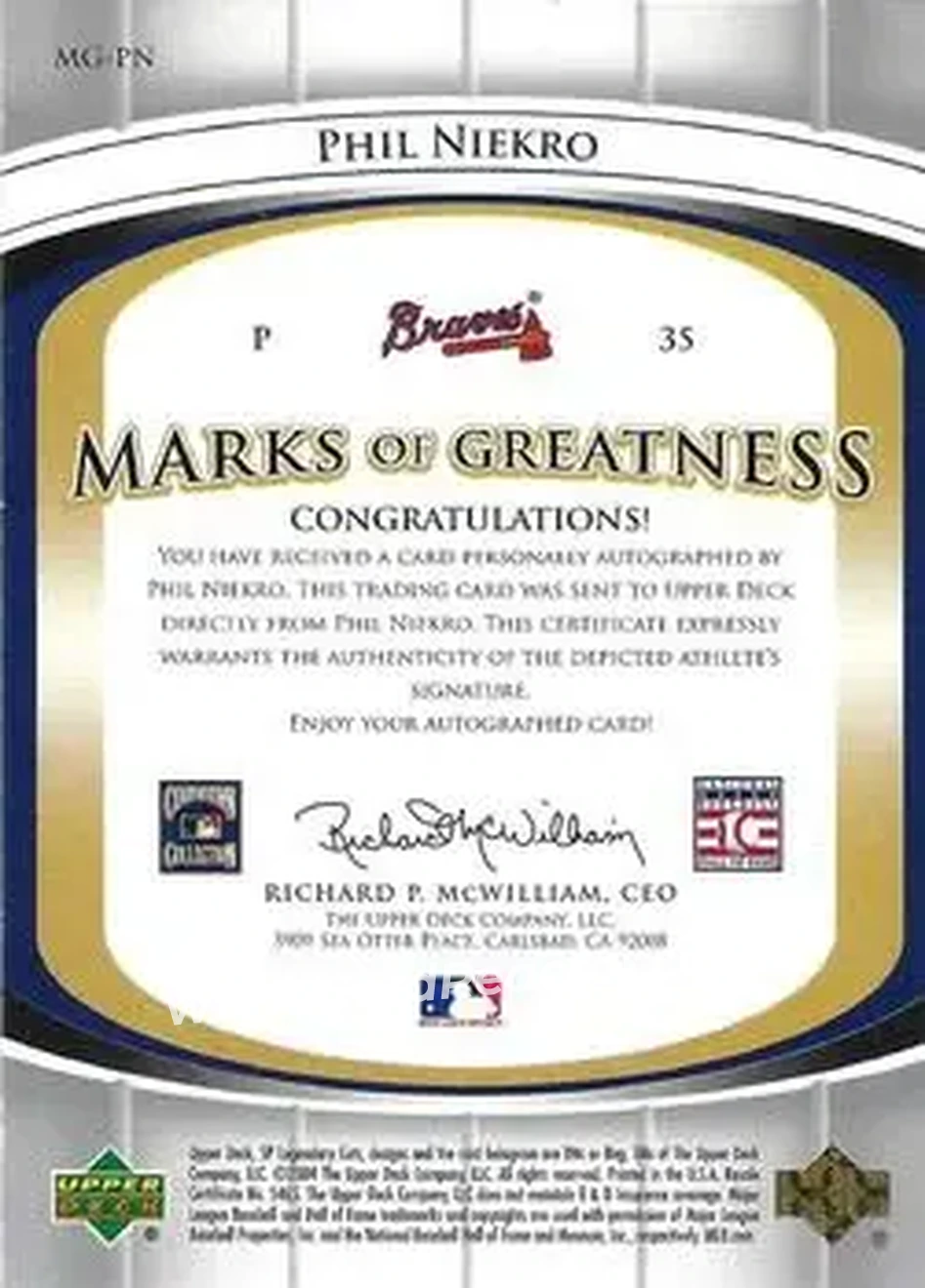 2004 SP Legendary Cuts - Marks of Greatness #MG-PN - Phil Niekro - Atlanta Braves - Back