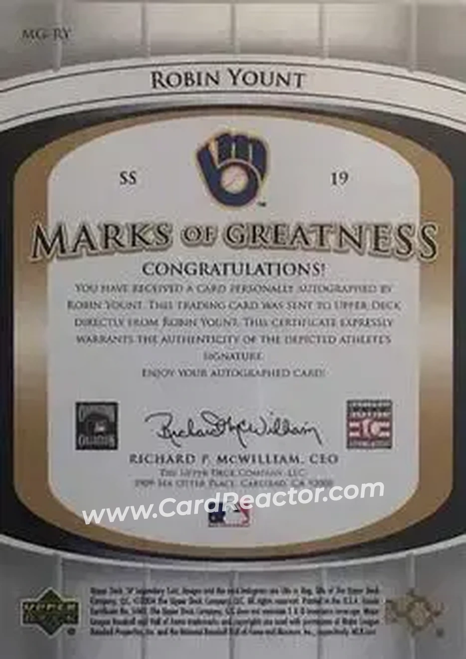 2004 SP Legendary Cuts - Marks of Greatness #MG-RY - Robin Yount - Milwaukee Brewers - Back