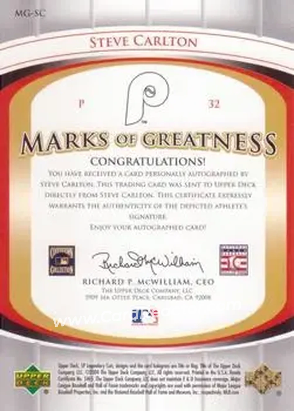 2004 SP Legendary Cuts - Marks of Greatness #MG-SC - Steve Carlton - Philadelphia Phillies - Back 2004 SP Legendary Cuts - Marks of Greatness #MG-SC - Steve Carlton - Philadelphia Phillies - Back