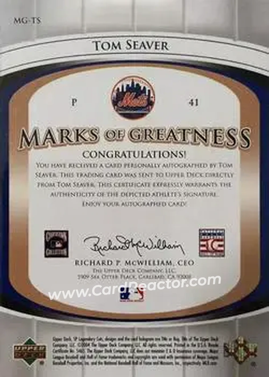 2004 SP Legendary Cuts - Marks of Greatness #MG-TS - Tom Seaver - New York Mets - Back
