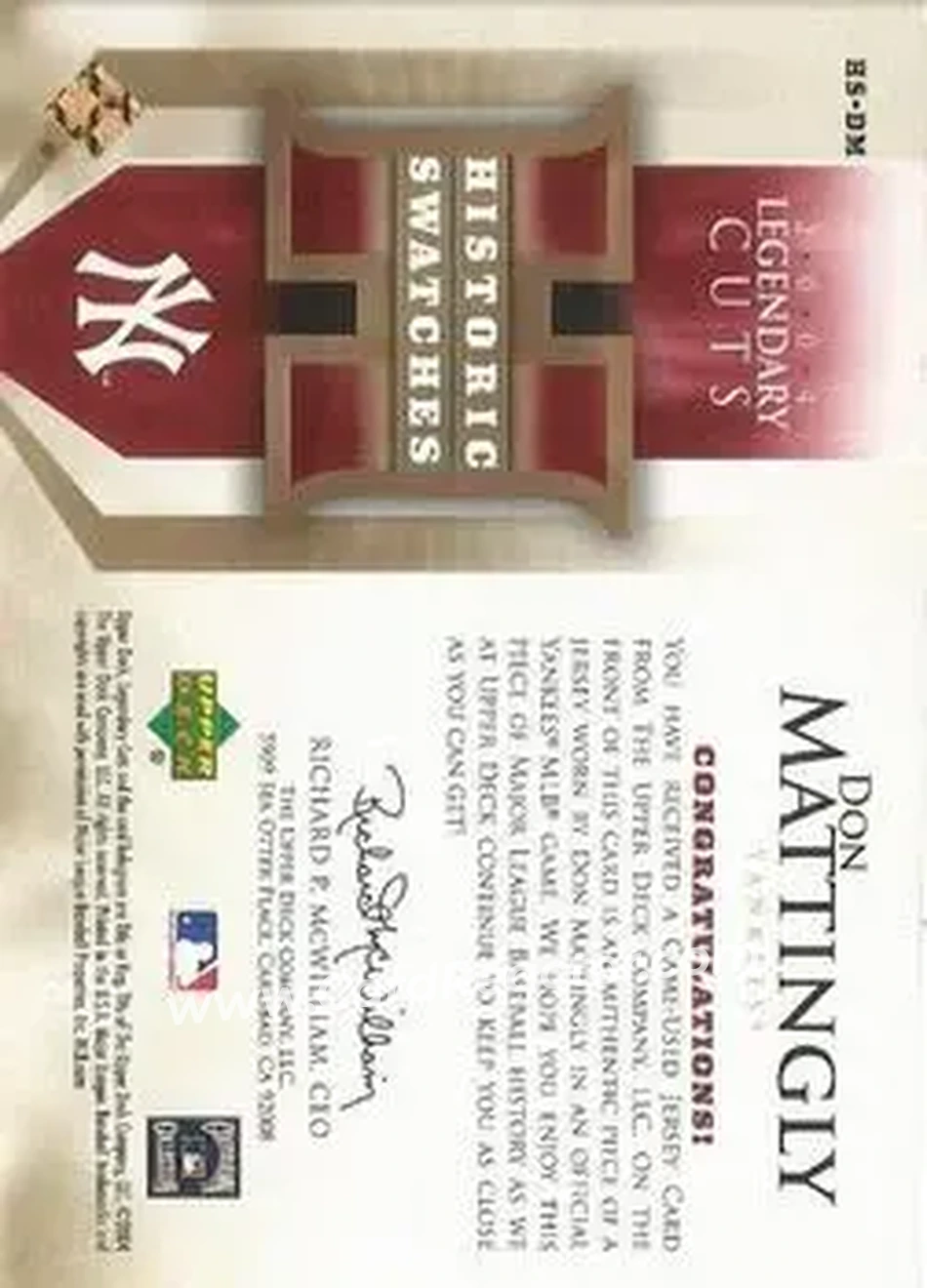 2004 SP Legendary Cuts - Historic Swatches #HS-DM - Don Mattingly - New York Yankees - Back