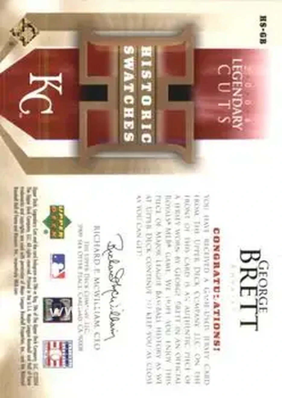 2004 SP Legendary Cuts - Historic Swatches #HS-GB - George Brett - Kansas City Royals - Back