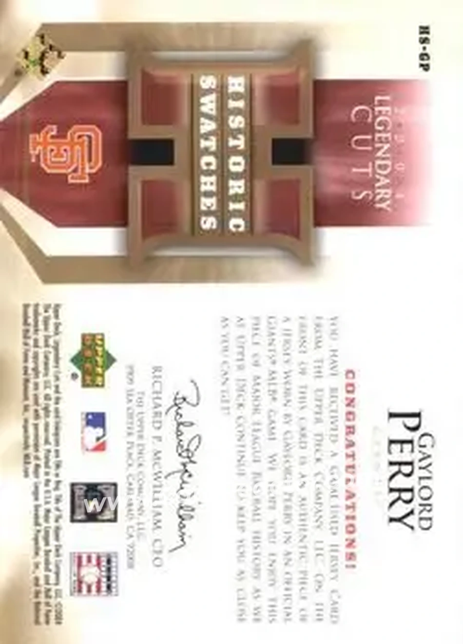2004 SP Legendary Cuts - Historic Swatches #HS-GP - Gaylord Perry - San Francisco Giants - Back