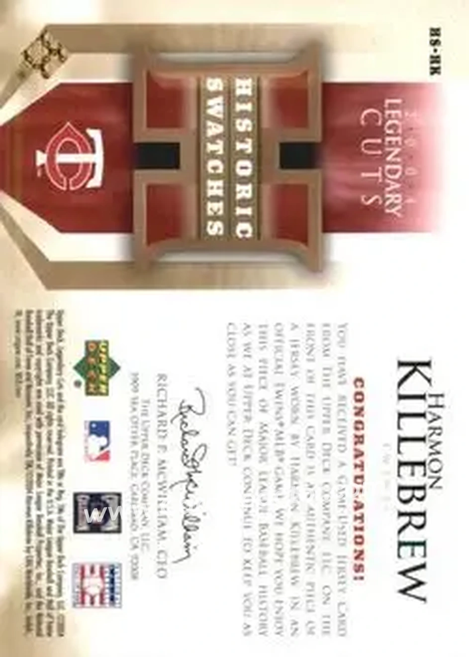 2004 SP Legendary Cuts - Historic Swatches #HS-HK - Harmon Killebrew - Minnesota Twins - Back 2004 SP Legendary Cuts - Historic Swatches #HS-HK - Harmon Killebrew - Minnesota Twins - Back