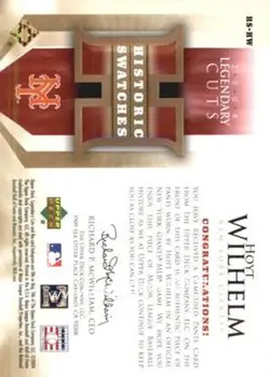 2004 SP Legendary Cuts - Historic Swatches #HS-HW - Hoyt Wilhelm - New York Giants - Back