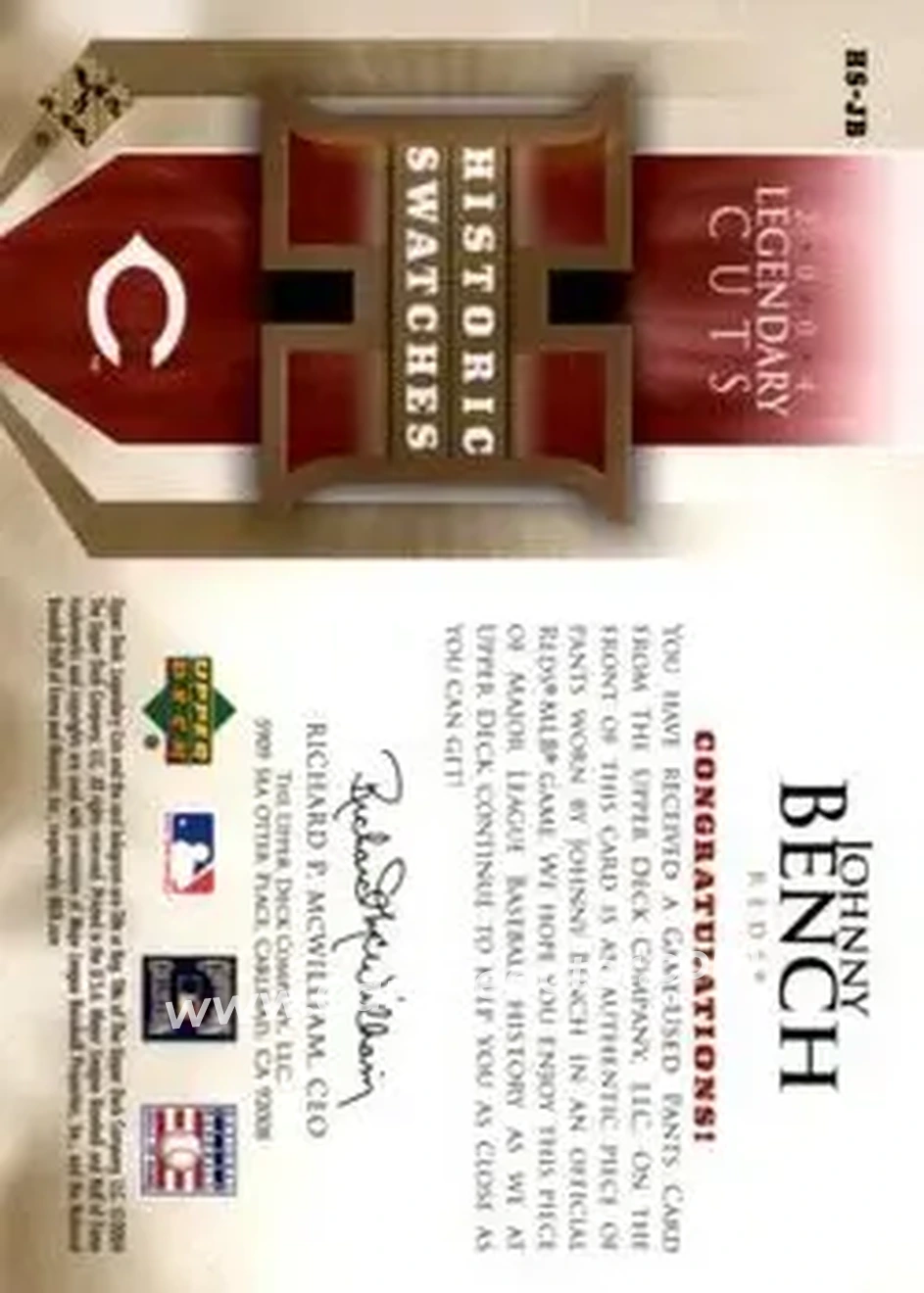 2004 SP Legendary Cuts - Historic Swatches #HS-JB - Johnny Bench - Cincinnati Reds - Back
