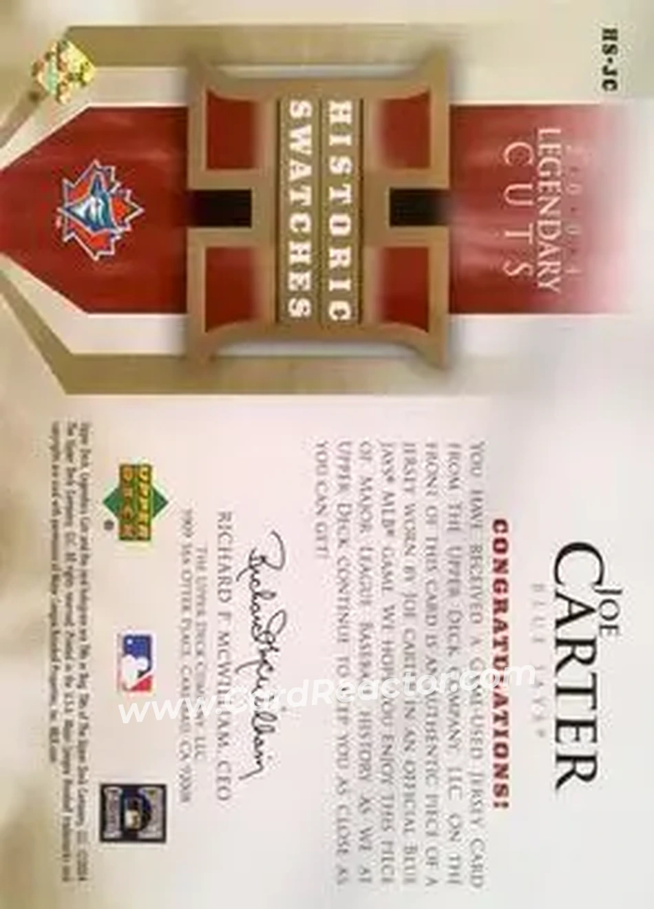 2004 SP Legendary Cuts - Historic Swatches #HS-JC - Joe Carter - Toronto Blue Jays - Back