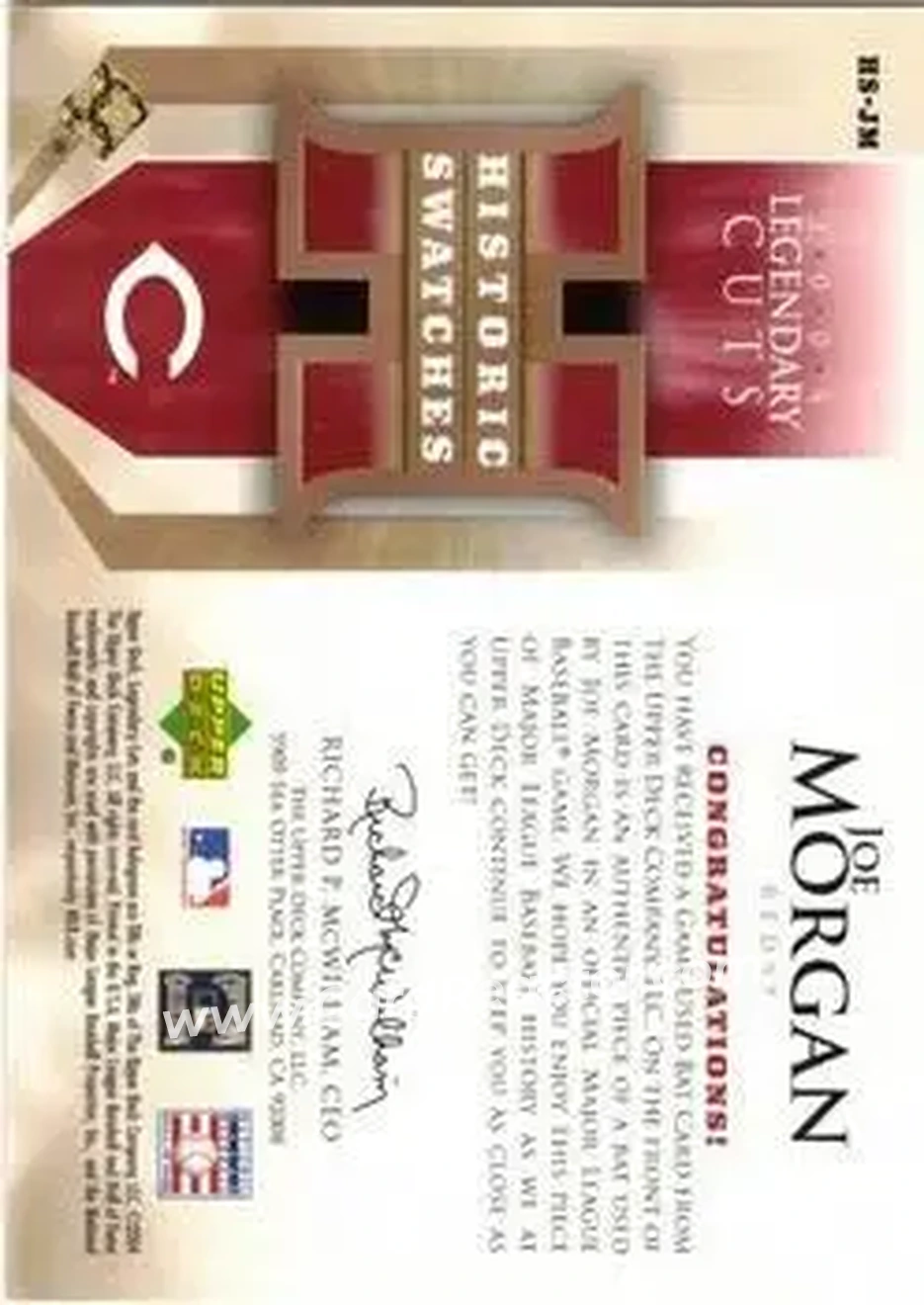 2004 SP Legendary Cuts - Historic Swatches #HS-JM - Joe Morgan - Cincinnati Reds - Back
