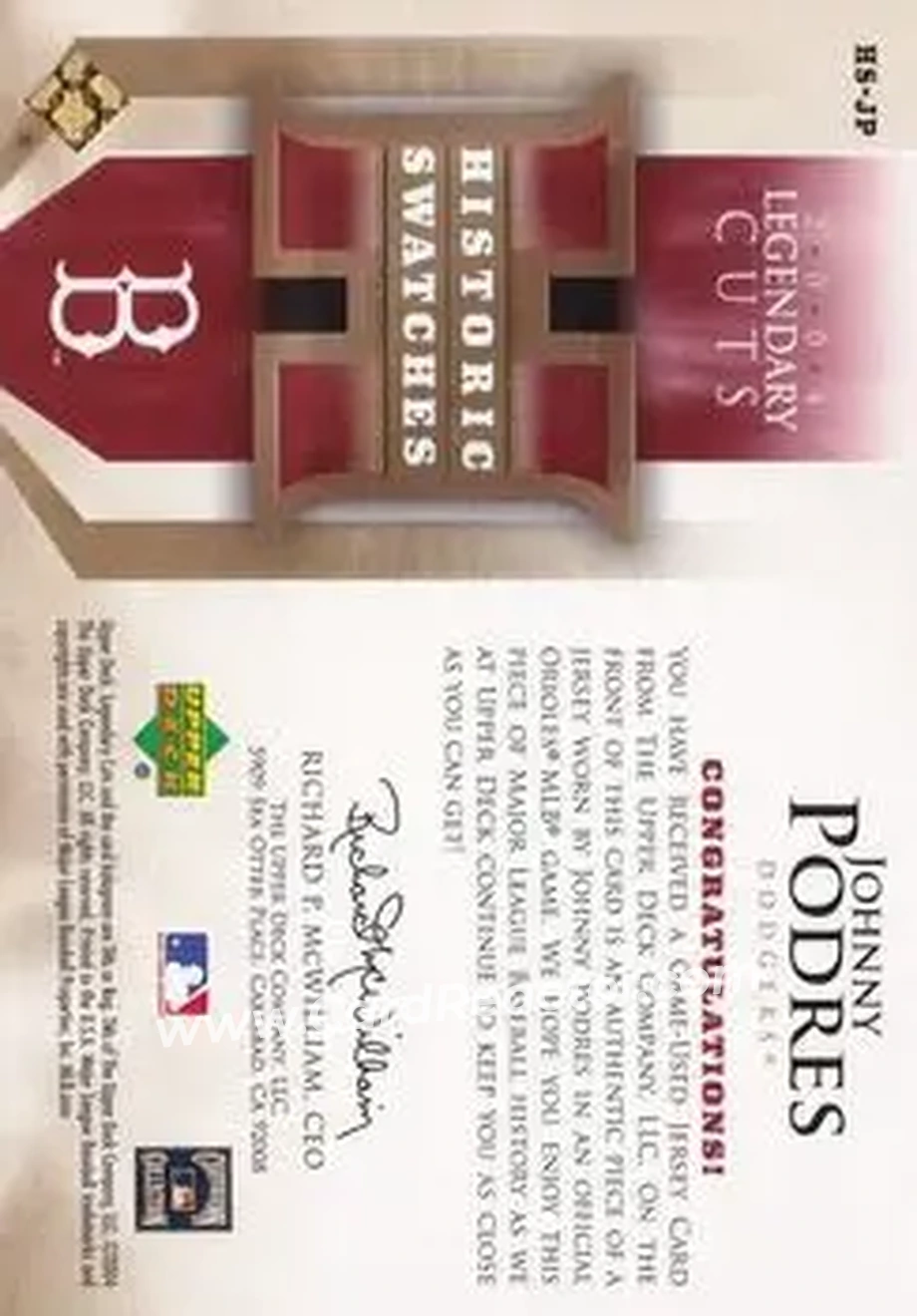 2004 SP Legendary Cuts - Historic Swatches #HS-JP - Johnny Podres - Los Angeles Dodgers - Back