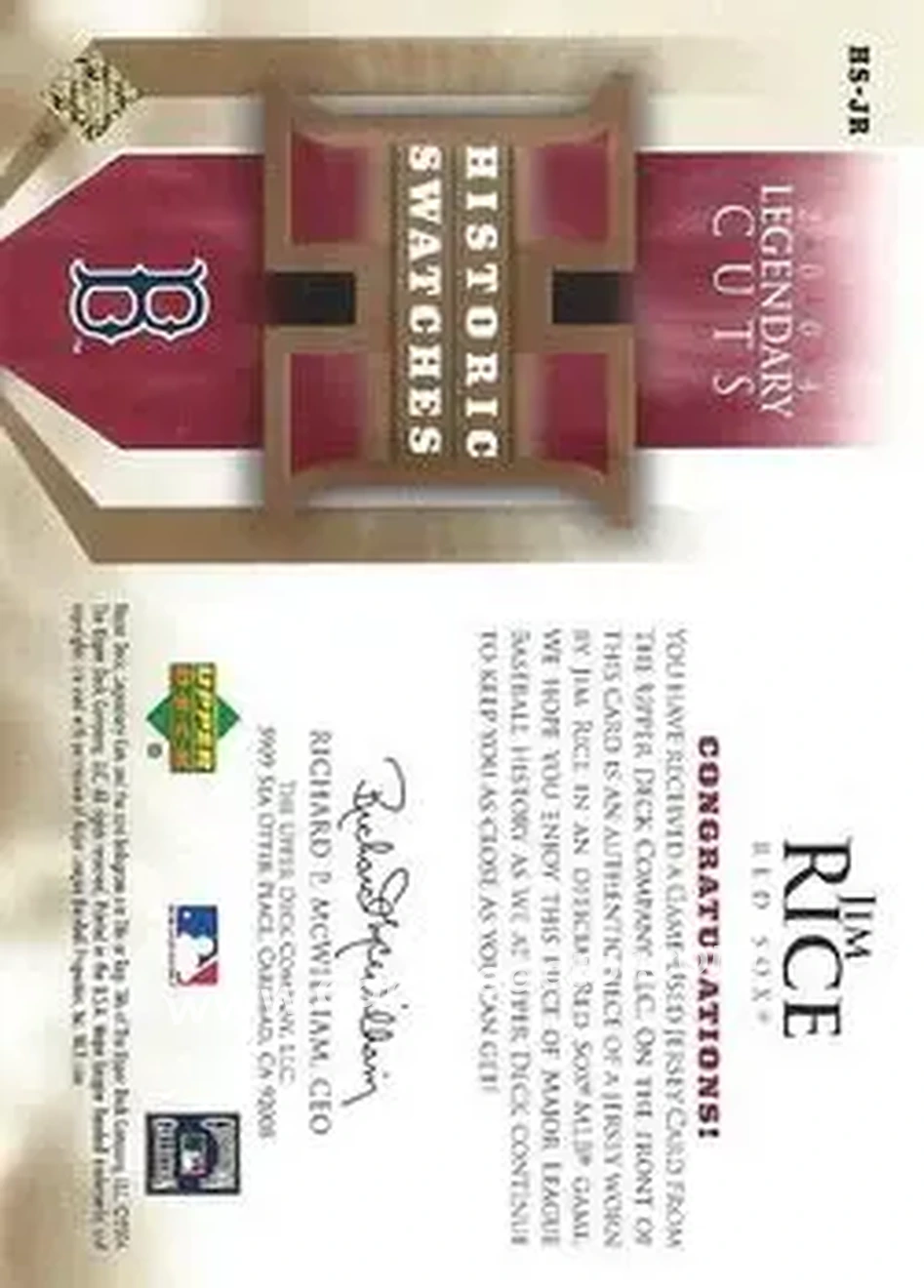 2004 SP Legendary Cuts - Historic Swatches #HS-JR - Jim Rice - Boston Red Sox - Back