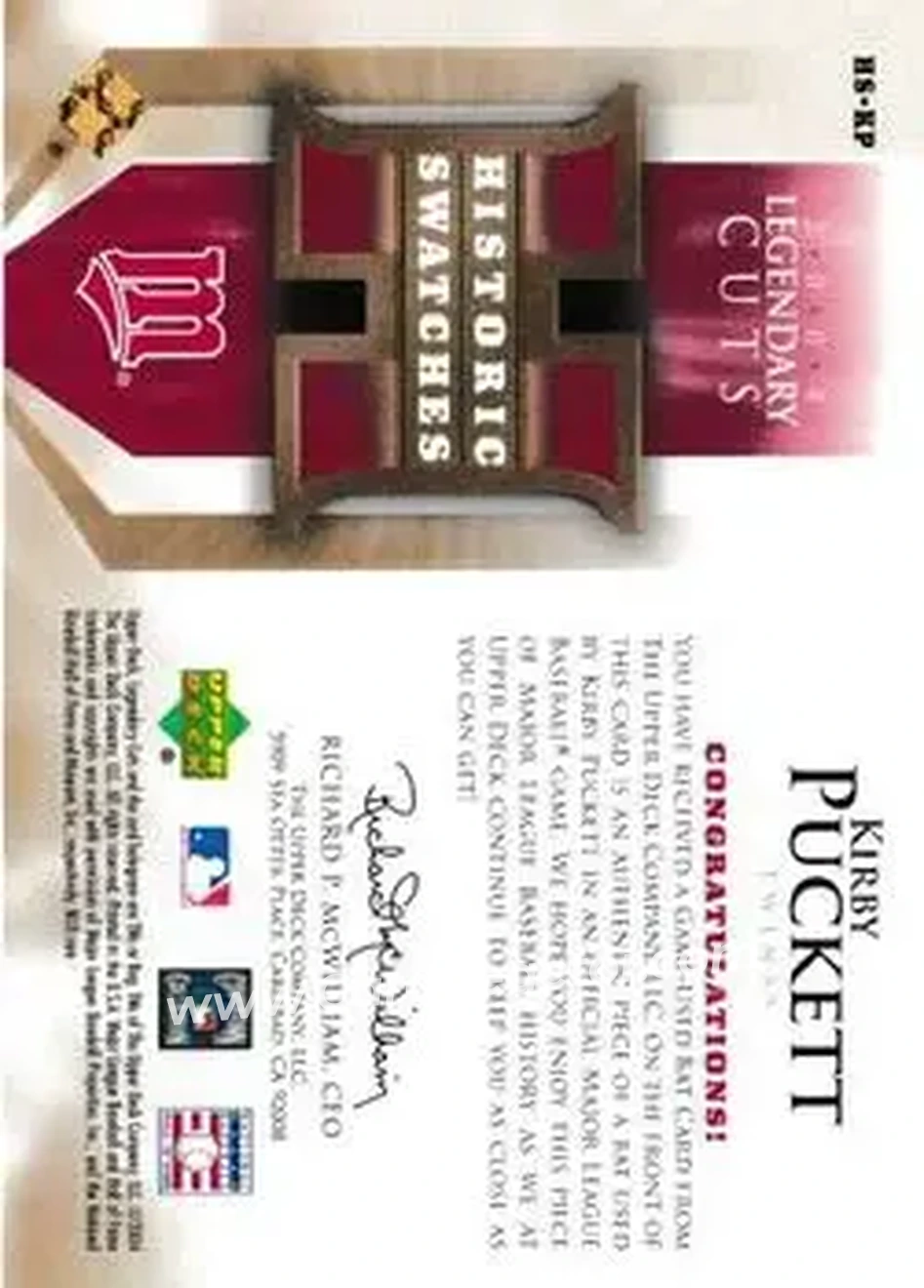 2004 SP Legendary Cuts - Historic Swatches #HS-KP - Kirby Puckett - Minnesota Twins - Back