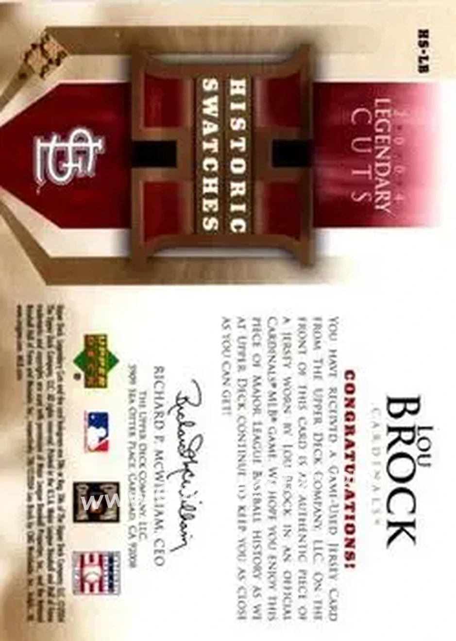 2004 SP Legendary Cuts - Historic Swatches #HS-LB - Lou Brock - St. Louis Cardinals - Back