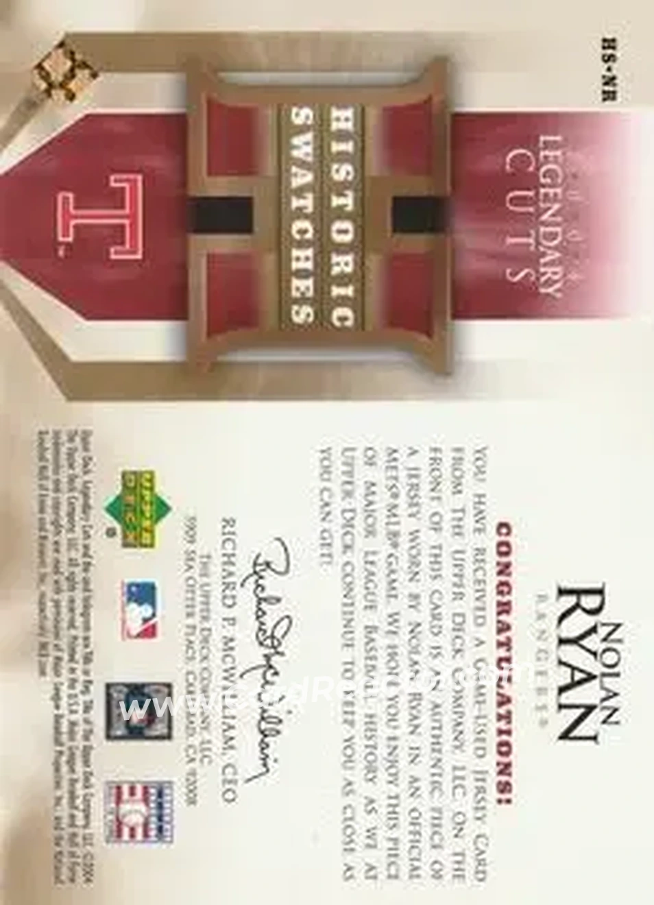 2004 SP Legendary Cuts - Historic Swatches #HS-NR - Nolan Ryan - Texas Rangers - Back 2004 SP Legendary Cuts - Historic Swatches #HS-NR - Nolan Ryan - Texas Rangers - Back
