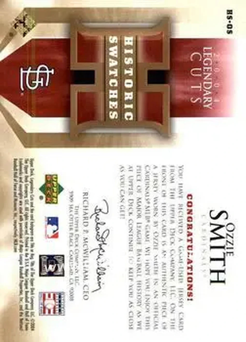 2004 SP Legendary Cuts - Historic Swatches #HS-OS - Ozzie Smith - St. Louis Cardinals - Back