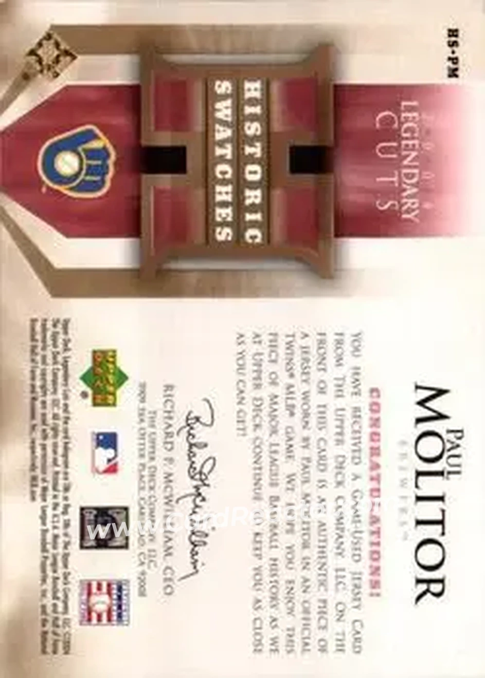 2004 SP Legendary Cuts - Historic Swatches #HS-PM - Paul Molitor - Milwaukee Brewers - Back
