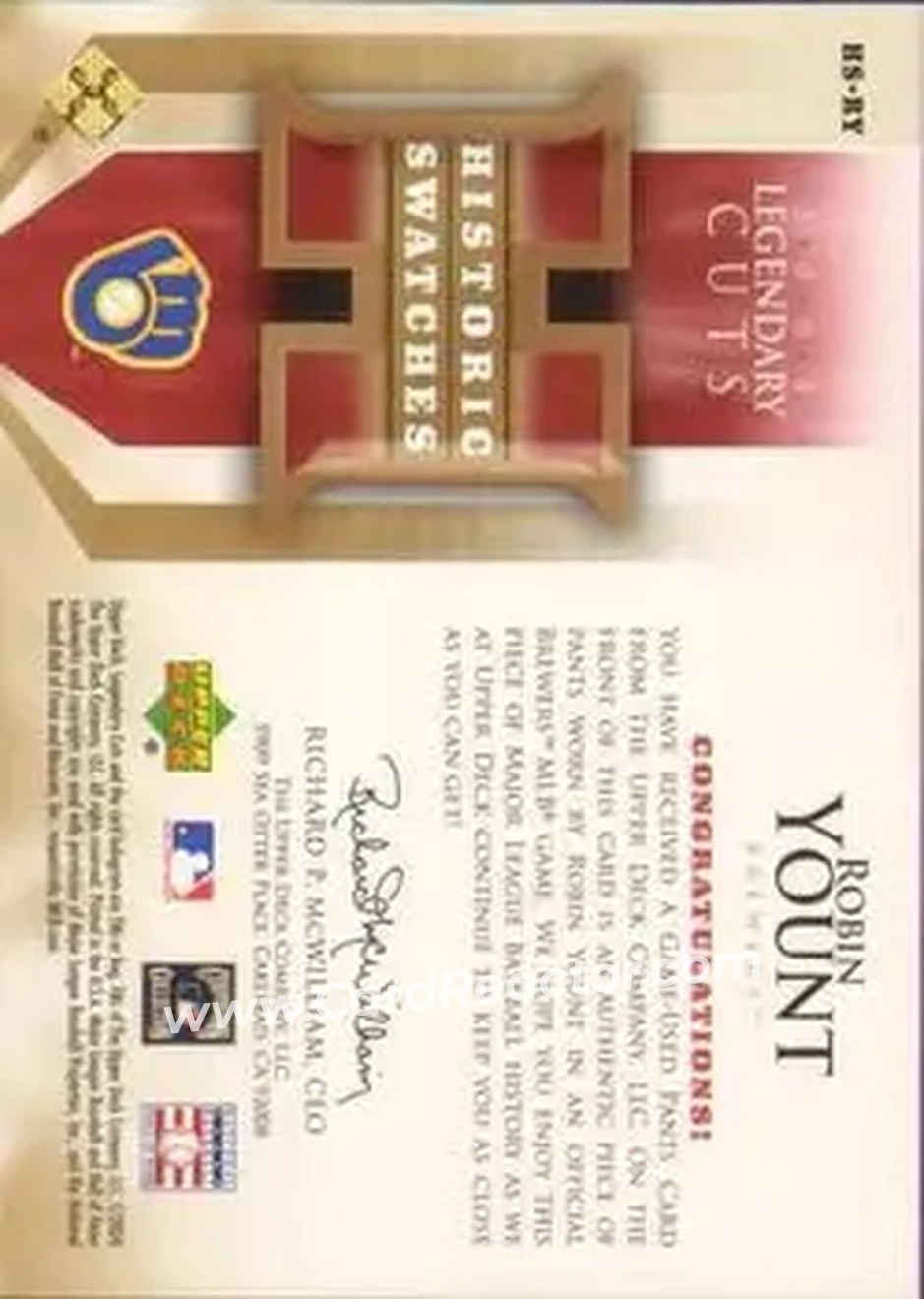 2004 SP Legendary Cuts - Historic Swatches #HS-RY - Robin Yount - Milwaukee Brewers - Back