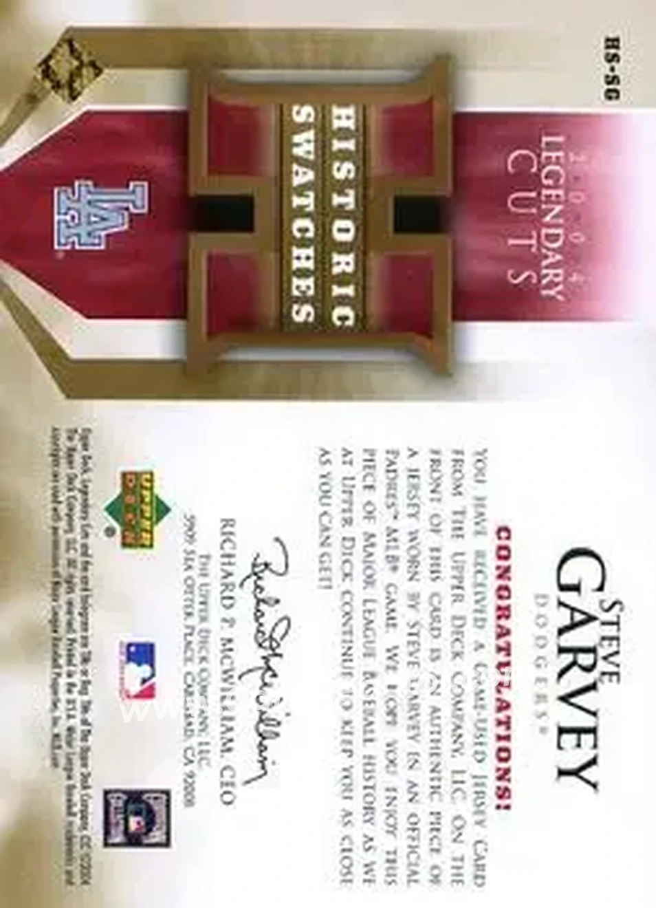 2004 SP Legendary Cuts - Historic Swatches #HS-SG - Steve Garvey - Los Angeles Dodgers - Back