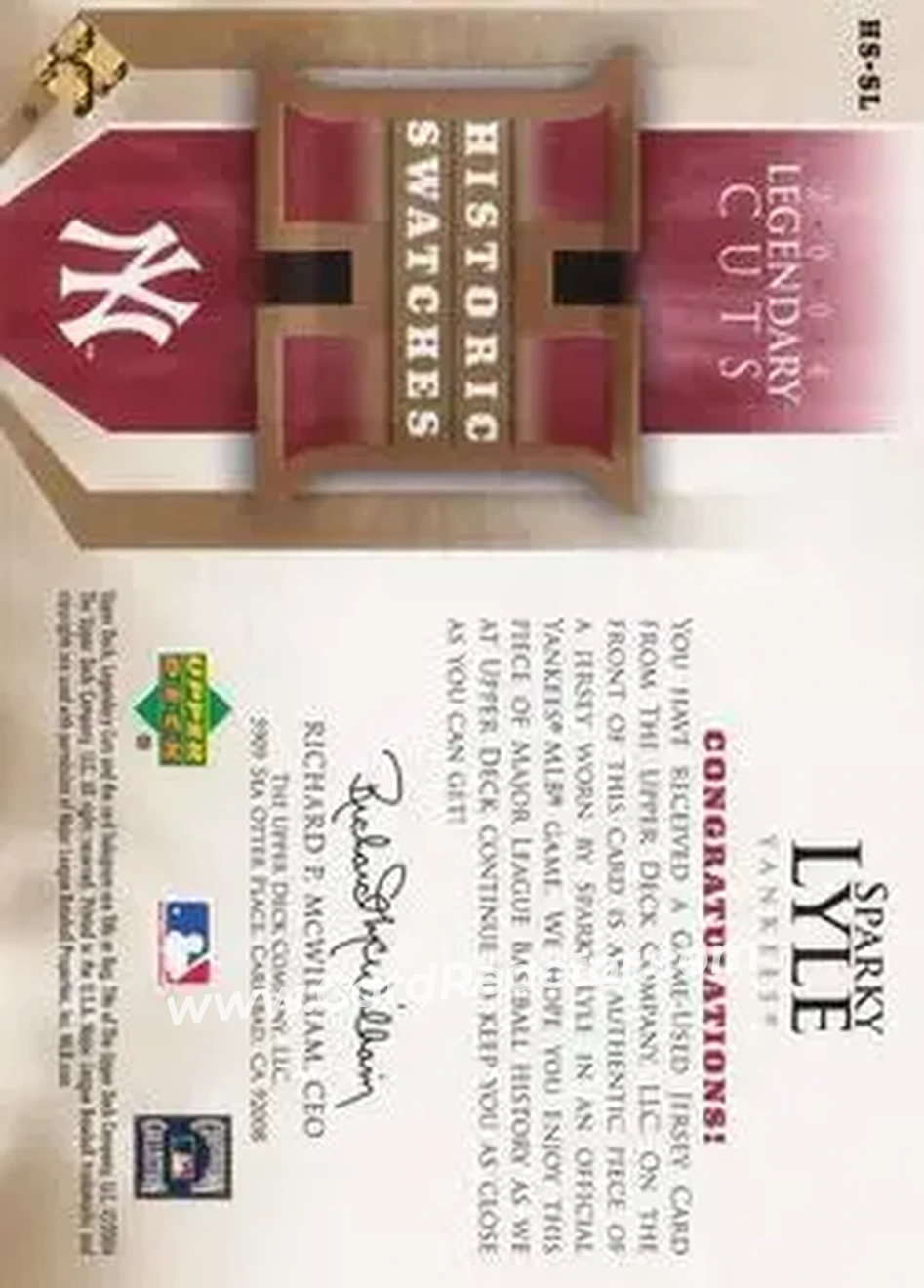 2004 SP Legendary Cuts - Historic Swatches #HS-SL - Sparky Lyle - New York Yankees - Back