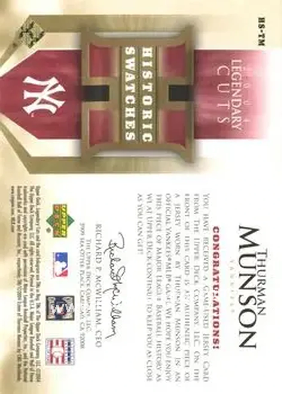 2004 SP Legendary Cuts - Historic Swatches #HS-TM - Thurman Munson - New York Yankees - Back