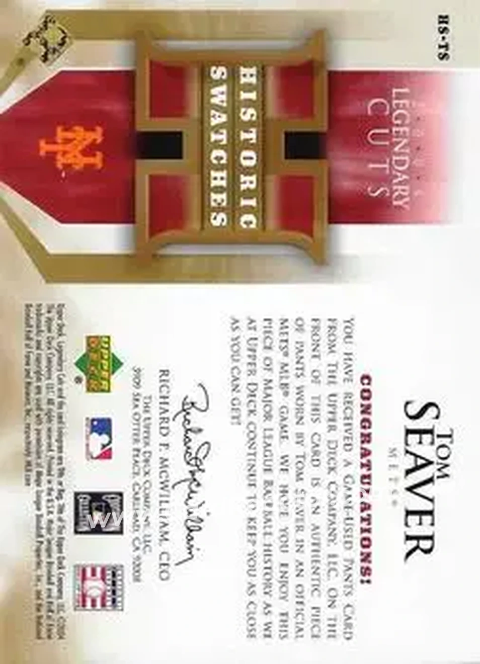 2004 SP Legendary Cuts - Historic Swatches #HS-TS - Tom Seaver - New York Mets - Back