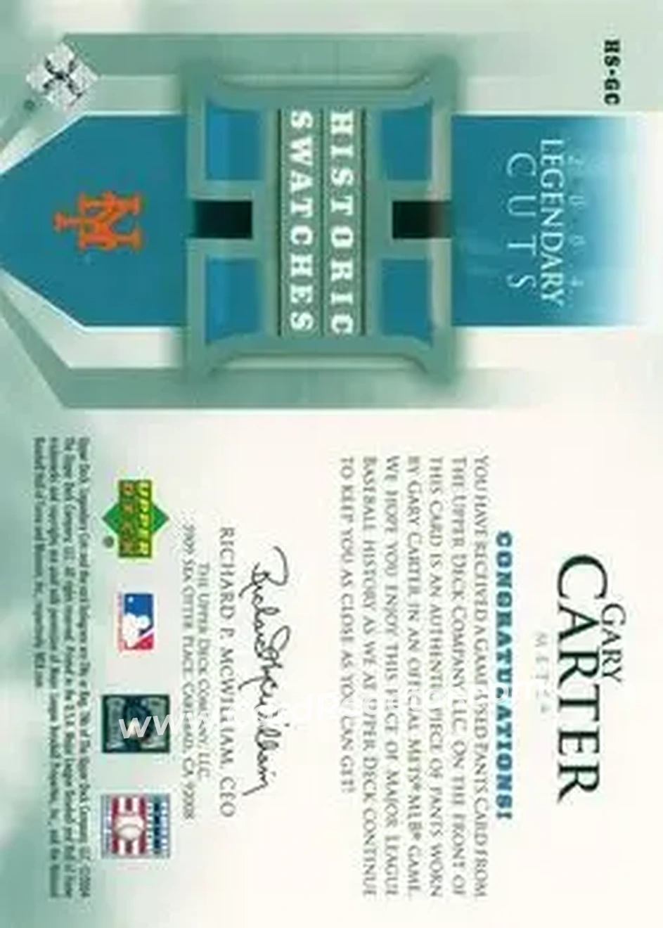 2004 SP Legendary Cuts - Historic Swatches 25 #HS-GC - Gary Carter - New York Mets - Back