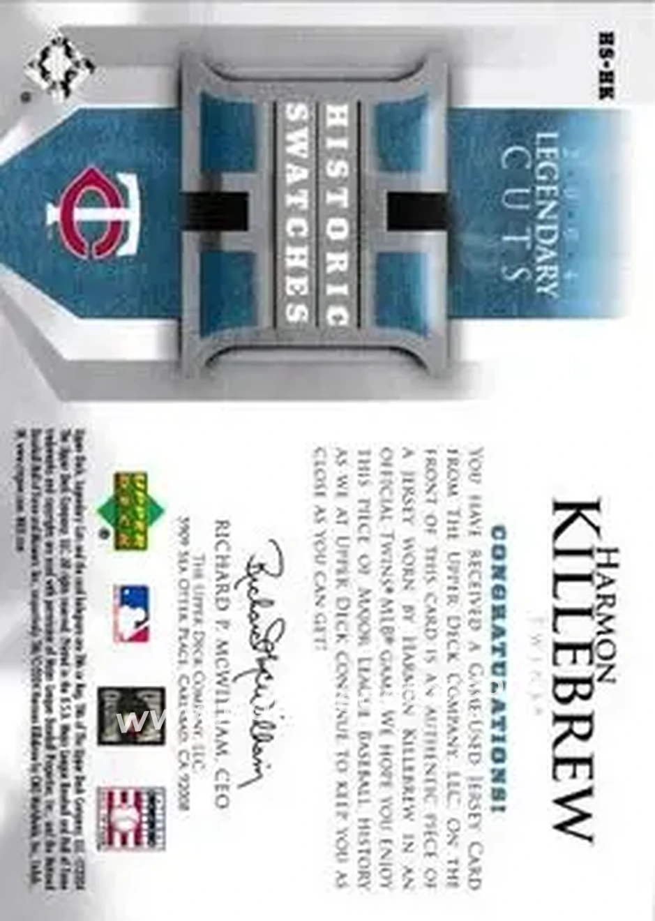 2004 SP Legendary Cuts - Historic Swatches 25 #HS-HK - Harmon Killebrew - Minnesota Twins - Back