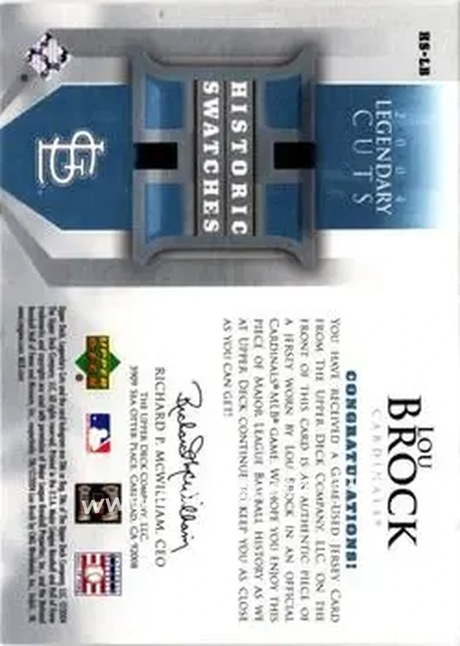 2004 SP Legendary Cuts - Historic Swatches 25 #HS-LB - Lou Brock - St. Louis Cardinals - Back