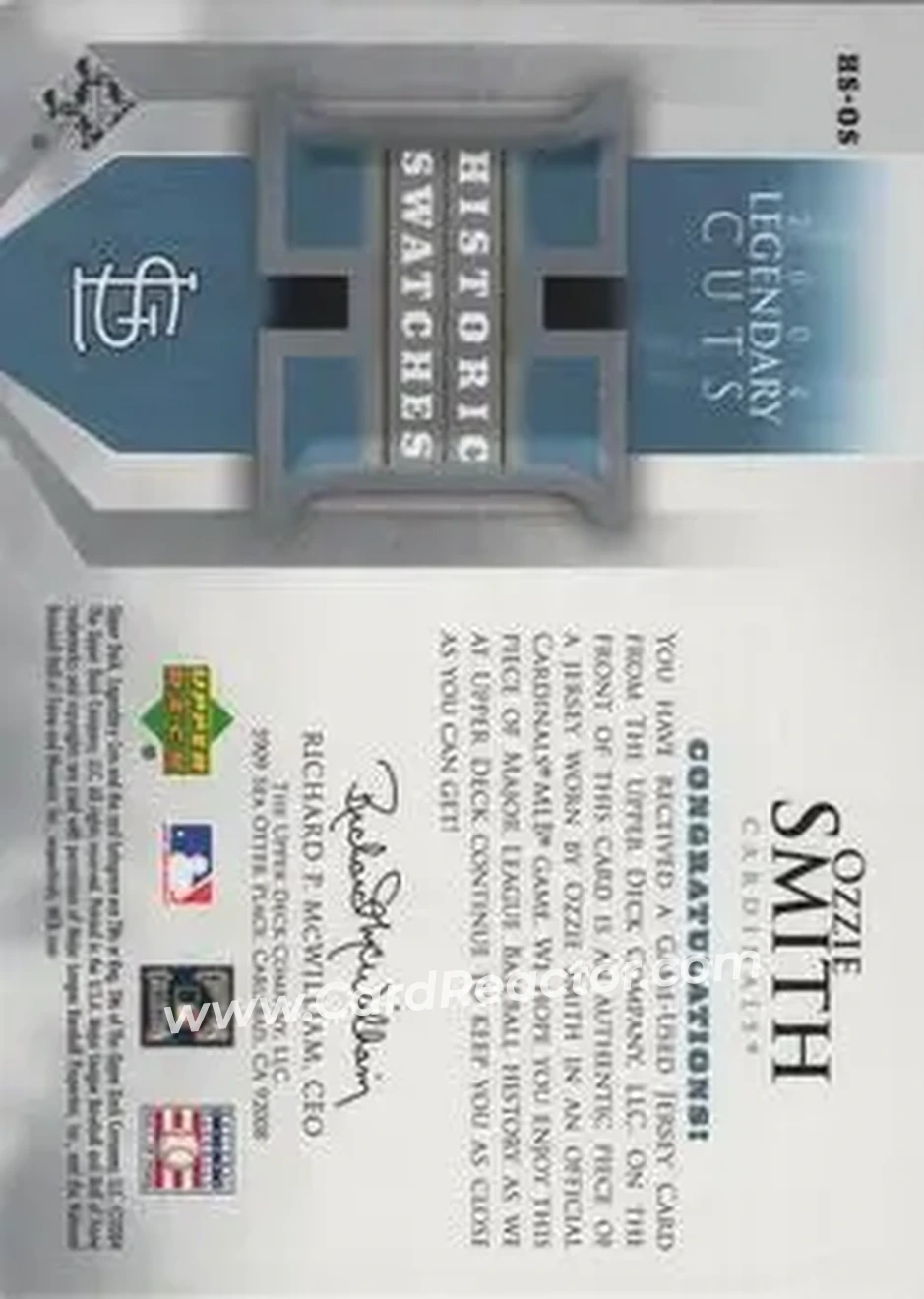 2004 SP Legendary Cuts - Historic Swatches 25 #HS-OS - Ozzie Smith - St. Louis Cardinals - Back