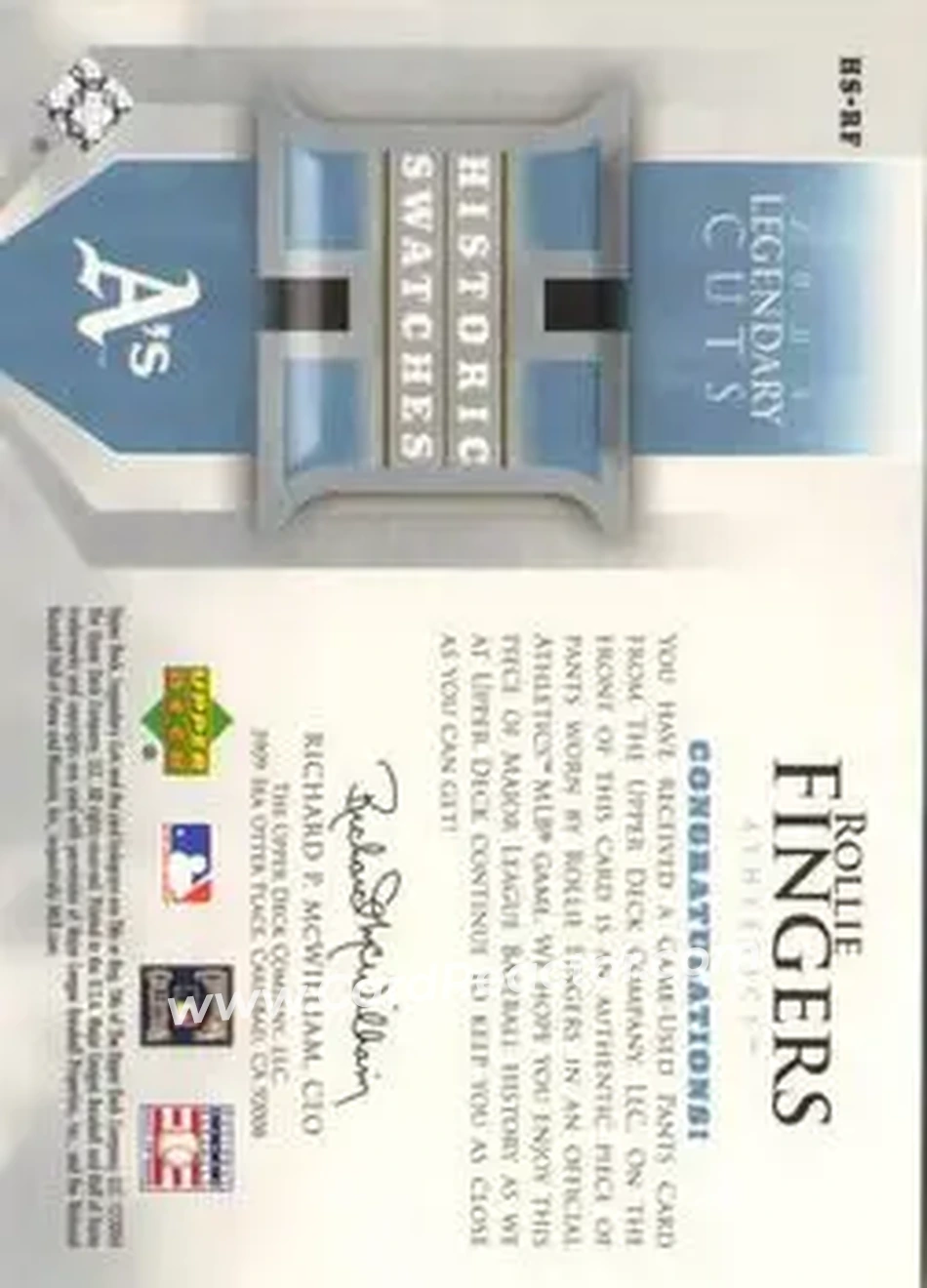 2004 SP Legendary Cuts - Historic Swatches 25 #HS-RF - Rollie Fingers - Oakland Athletics - Back