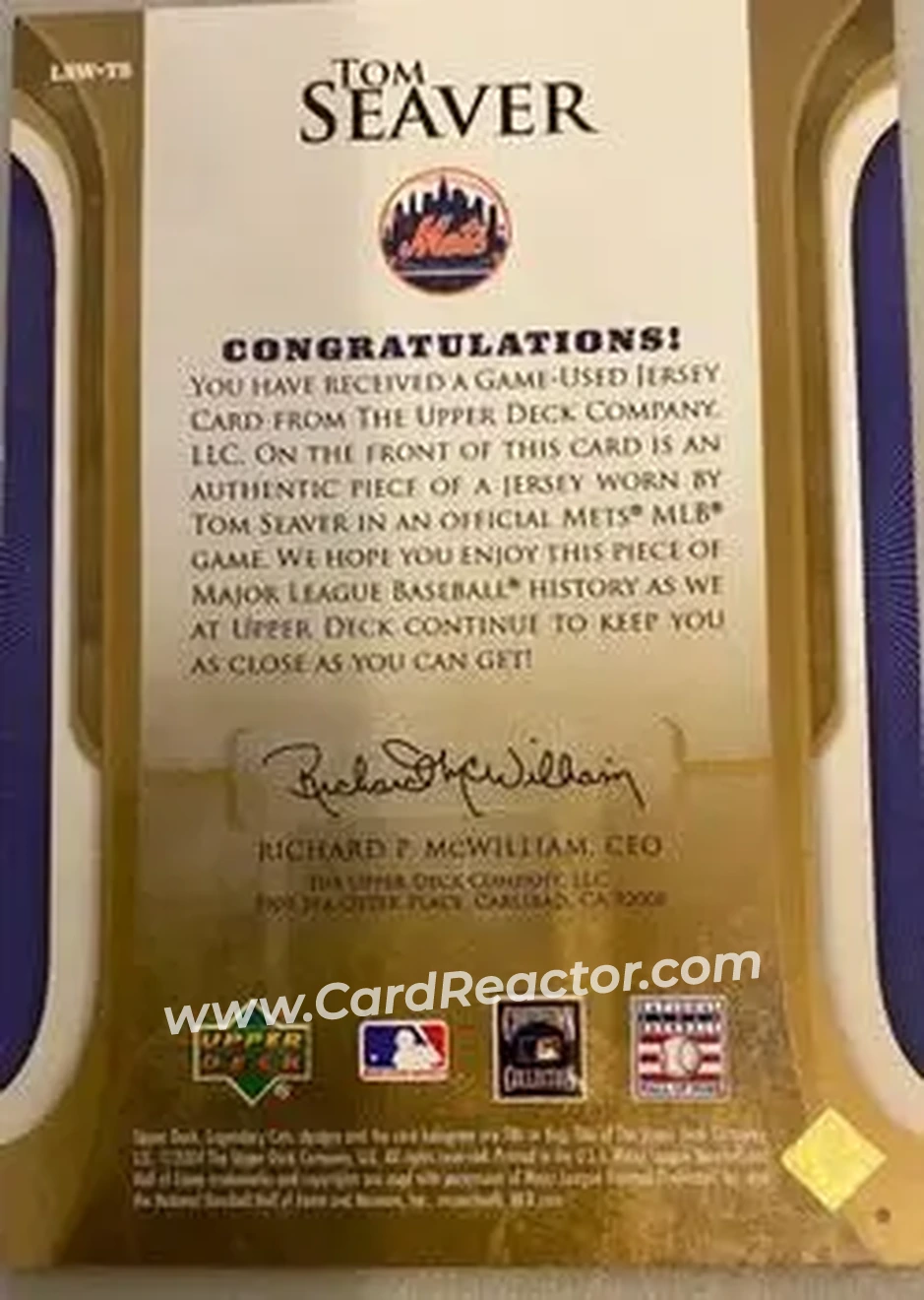 2004 SP Legendary Cuts - Legendary Swatches 15 #LSW-TS - Tom Seaver - New York Mets - Back