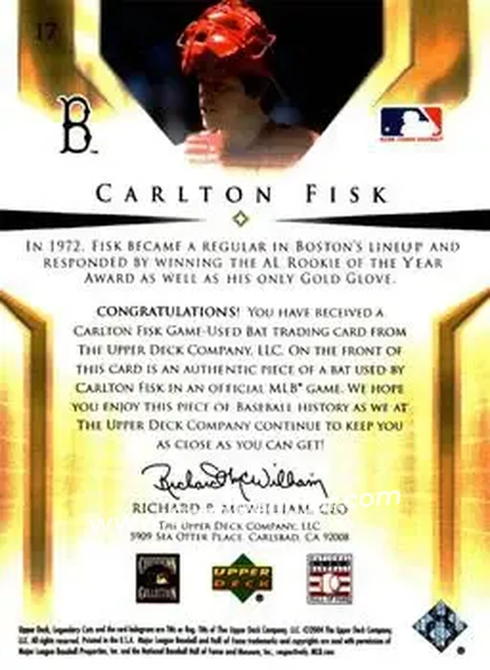 2004 SP Legendary Cuts - Significant Fact Memorabilia #17 - Carlton Fisk - Boston Red Sox - Back 2004 SP Legendary Cuts - Significant Fact Memorabilia #17 - Carlton Fisk - Boston Red Sox - Back