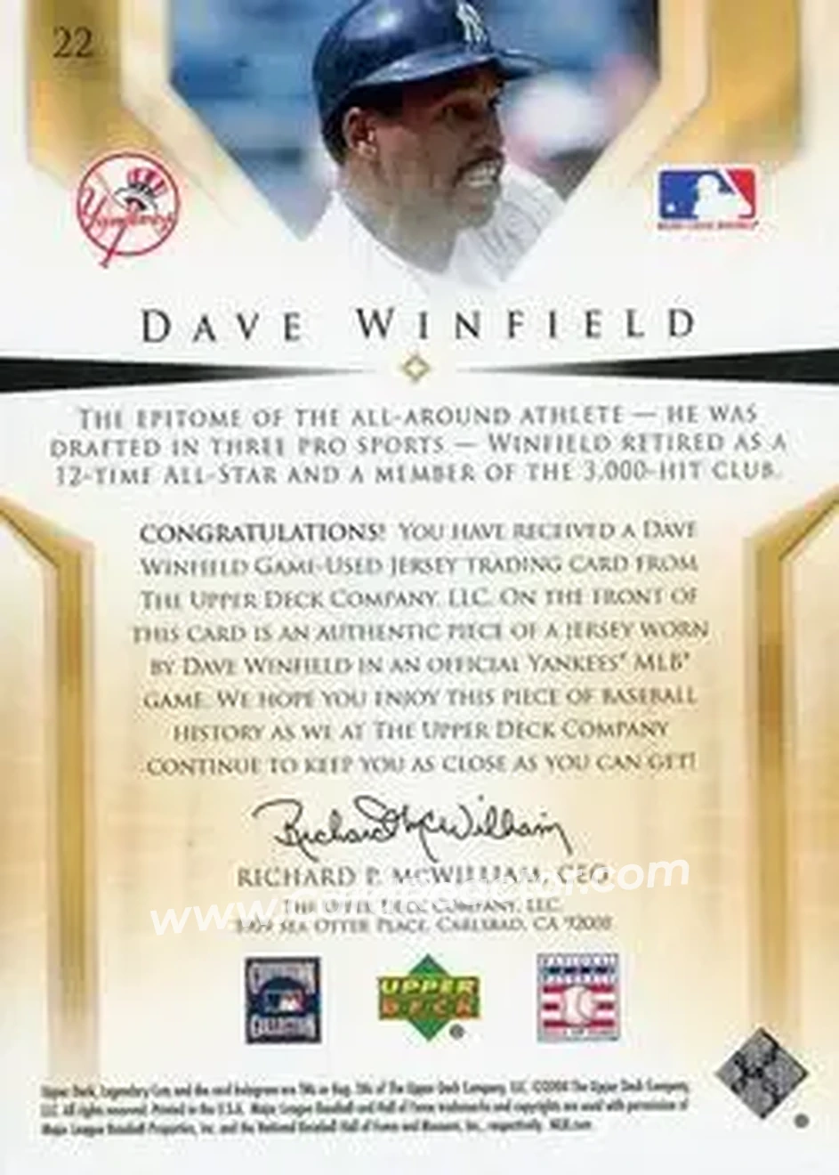2004 SP Legendary Cuts - Significant Fact Memorabilia #22 - Dave Winfield - New York Yankees - Back