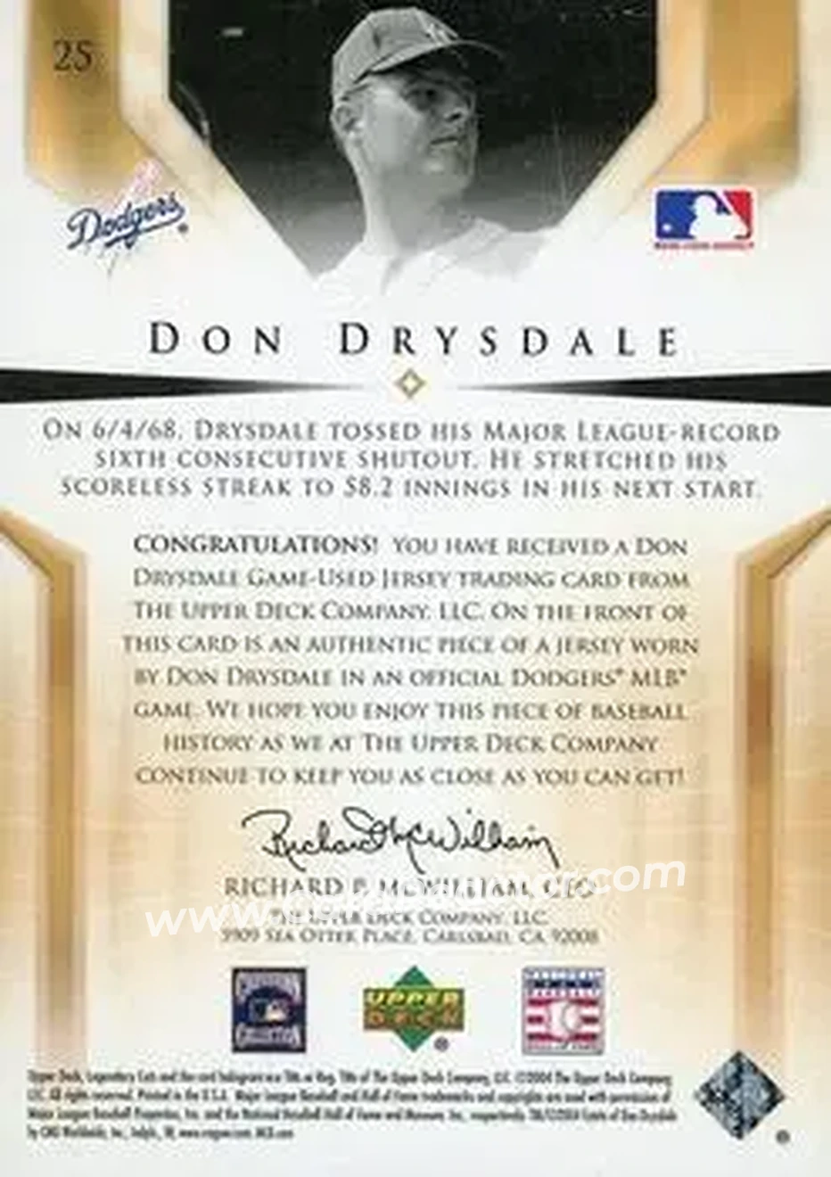 2004 SP Legendary Cuts - Significant Fact Memorabilia #25 - Don Drysdale - Los Angeles Dodgers - Back