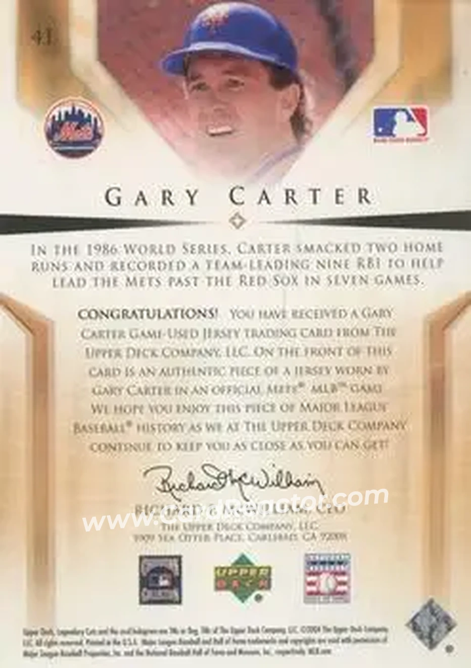 2004 SP Legendary Cuts - Significant Fact Memorabilia #41 - Gary Carter - New York Mets - Back