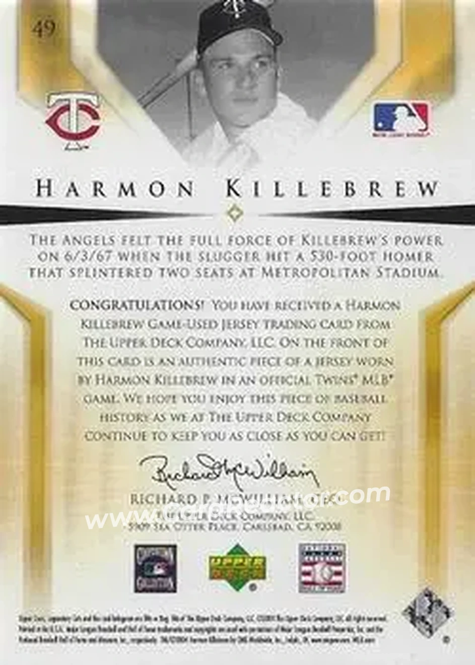 2004 SP Legendary Cuts - Significant Fact Memorabilia #49 - Harmon Killebrew - Minnesota Twins - Back