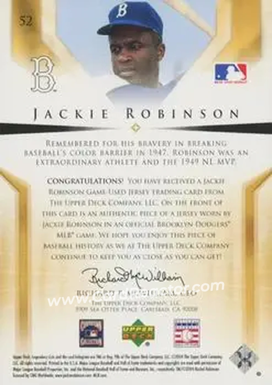 2004 SP Legendary Cuts - Significant Fact Memorabilia #52 - Jackie Robinson - Brooklyn Dodgers - Back