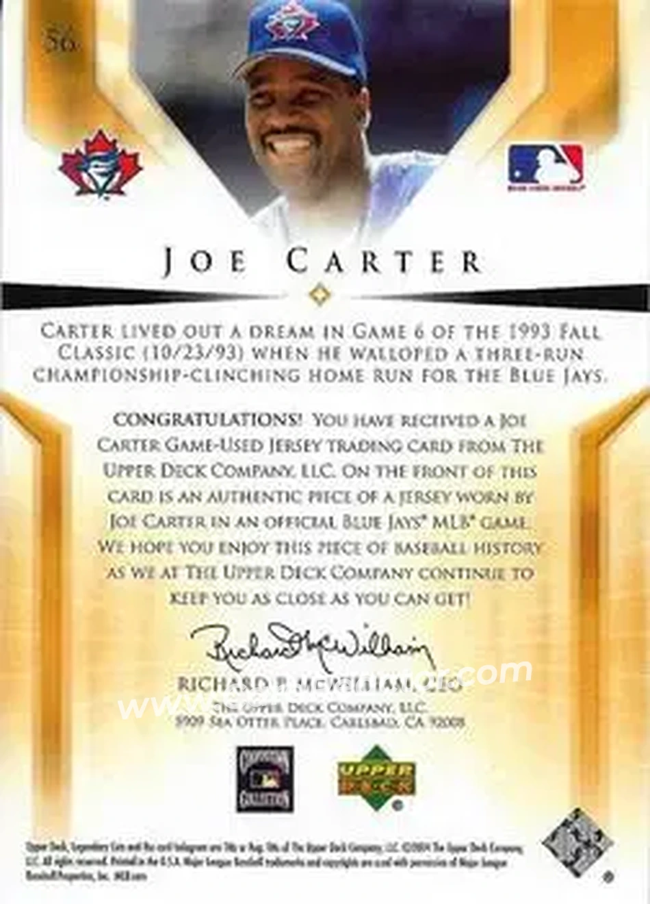 2004 SP Legendary Cuts - Significant Fact Memorabilia #56 - Joe Carter - Toronto Blue Jays - Back